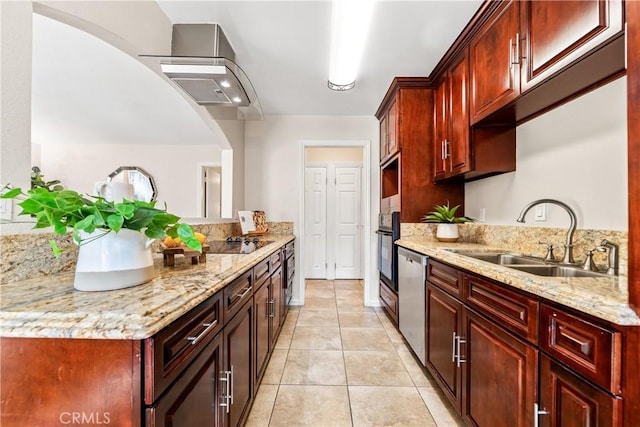 kitchen featuring dishwasher, black electric stovetop, sink, light tile patterned floors, and light stone counters