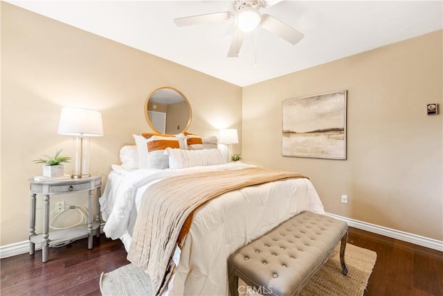 bedroom featuring ceiling fan and dark hardwood / wood-style flooring