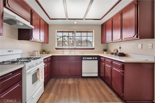 kitchen featuring dark wood-type flooring, sink, and white appliances