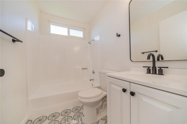 full bathroom with toilet, vanity, tile patterned flooring, and bathtub / shower combination