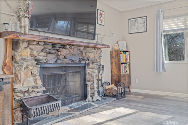 room details with a fireplace and wood-type flooring