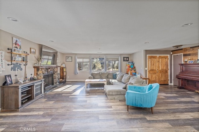 living room featuring hardwood / wood-style floors and a stone fireplace