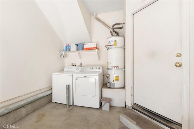 laundry area with water heater and washing machine and clothes dryer