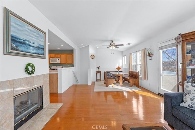 living room featuring a premium fireplace, light hardwood / wood-style floors, and ceiling fan