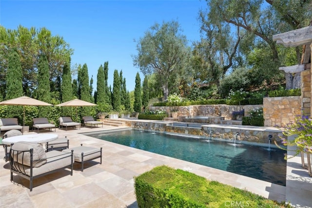 view of pool with pool water feature and a patio area