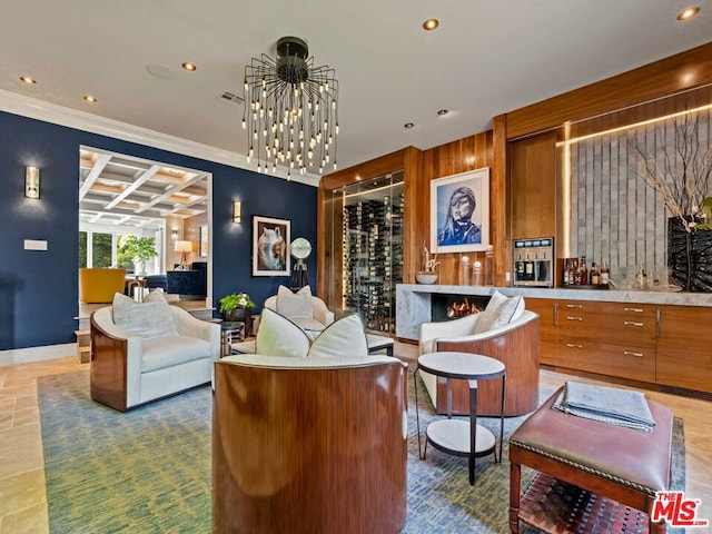 interior space with an inviting chandelier, wood walls, coffered ceiling, ornamental molding, and beamed ceiling