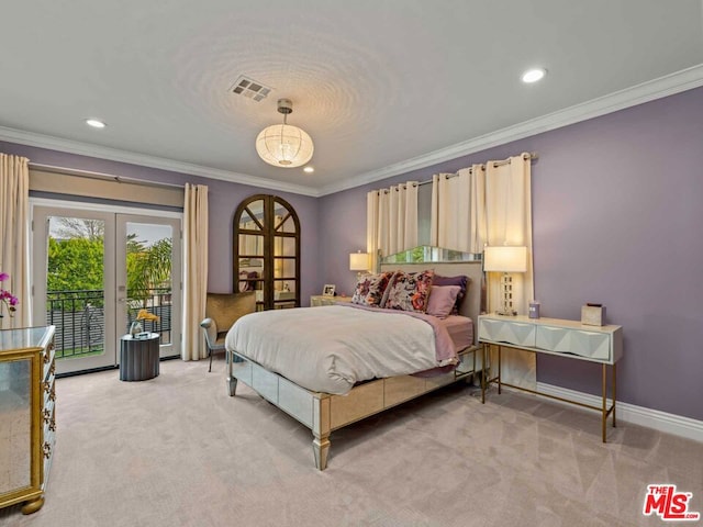 bedroom featuring light colored carpet, crown molding, access to outside, and french doors