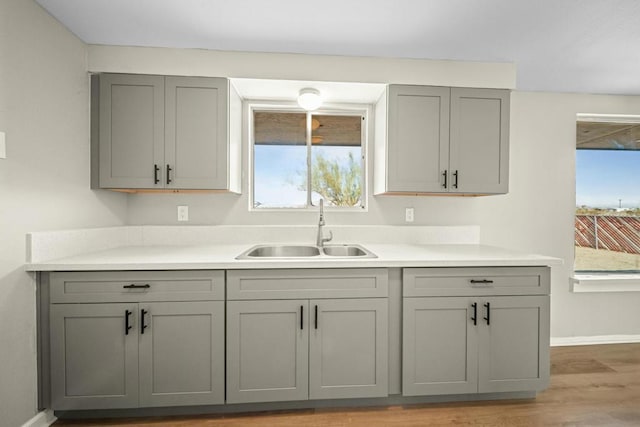 kitchen with a healthy amount of sunlight, sink, gray cabinets, and light hardwood / wood-style flooring