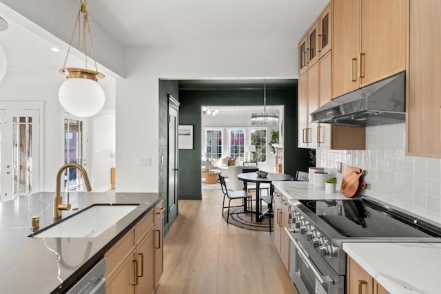 kitchen featuring pendant lighting, appliances with stainless steel finishes, decorative backsplash, sink, and light wood-type flooring