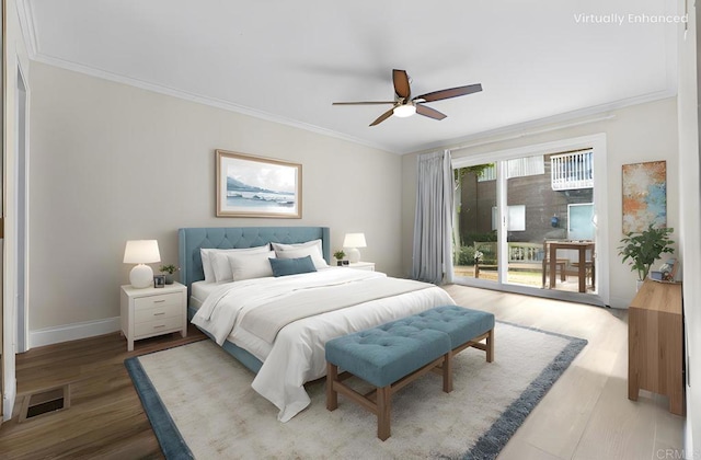 bedroom featuring access to exterior, ornamental molding, ceiling fan, and light wood-type flooring