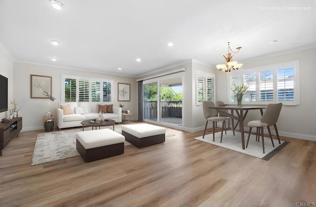 6309 Caminito Salado, San Diego, CA 92111 - living area with crown molding, plenty of natural light, a chandelier, light wood-type flooring, and recessed lighting