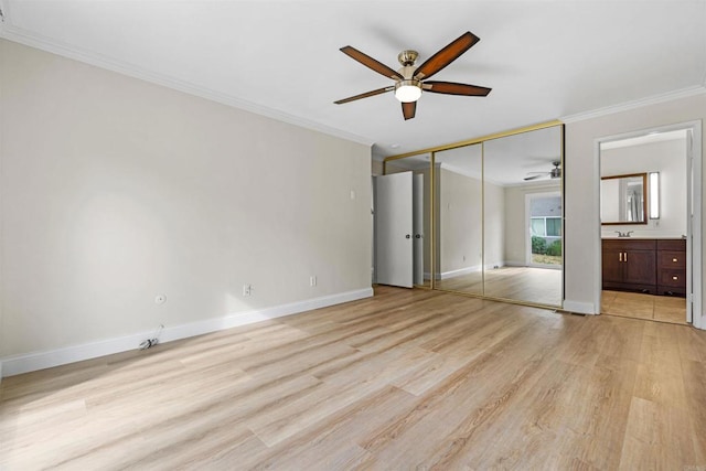 6309 Caminito Salado, San Diego, CA 92111 - unfurnished bedroom featuring light wood-type flooring, crown molding, ensuite bathroom, a closet, and a ceiling fan
