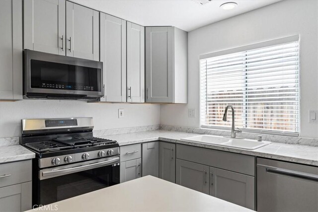 kitchen with gray cabinets, stainless steel appliances, a healthy amount of sunlight, and sink