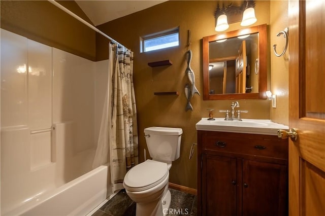 full bathroom featuring toilet, vanity, and shower / tub combo with curtain