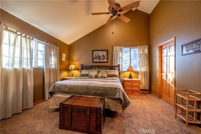 bedroom with ceiling fan, light colored carpet, and high vaulted ceiling