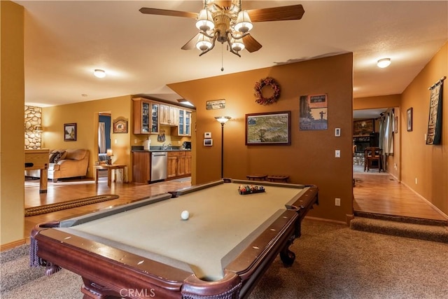 game room with ceiling fan, pool table, and carpet floors