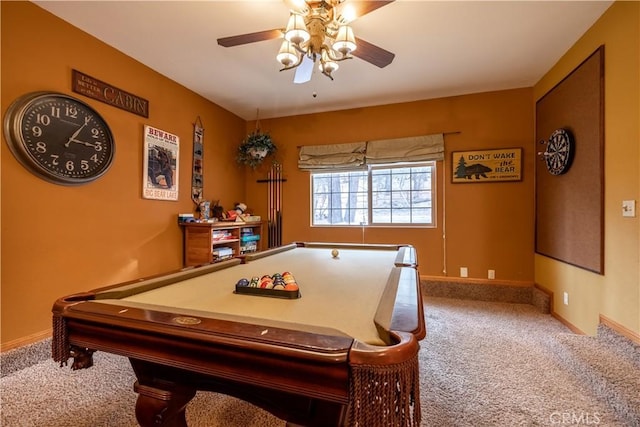 game room with ceiling fan, carpet, and pool table