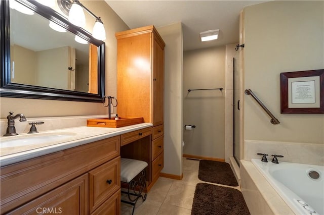 bathroom with tile patterned floors, separate shower and tub, and vanity