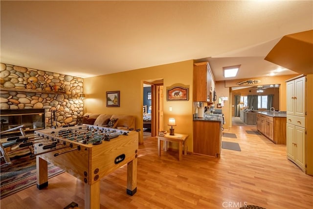 playroom featuring light hardwood / wood-style floors and a fireplace