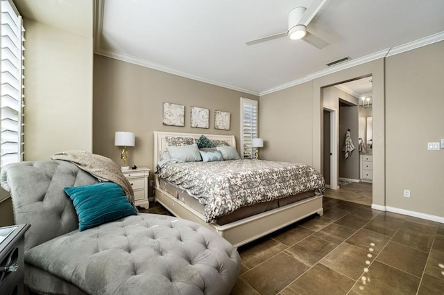 bedroom with ceiling fan and crown molding