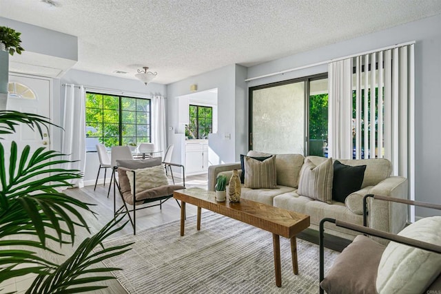 living room featuring light hardwood / wood-style floors and a textured ceiling