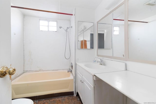 full bathroom with toilet, vanity, and bathing tub / shower combination