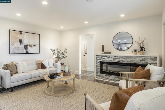 living room with hardwood / wood-style flooring and a stone fireplace