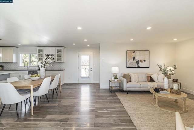 living room featuring sink and dark hardwood / wood-style floors