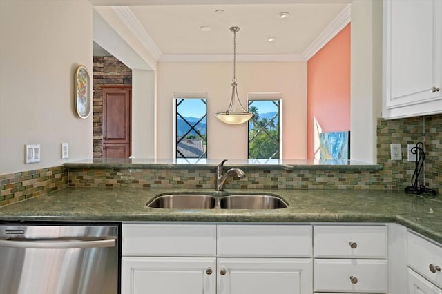 kitchen with sink, white cabinetry, crown molding, decorative light fixtures, and stainless steel dishwasher