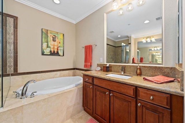 bathroom with vanity, tile patterned floors, ornamental molding, and plus walk in shower