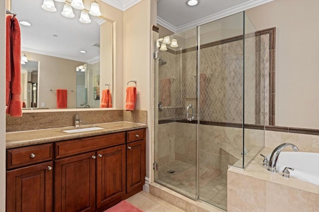 bathroom with ornamental molding, plus walk in shower, tile patterned flooring, and vanity