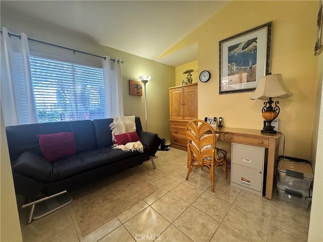 tiled home office with lofted ceiling