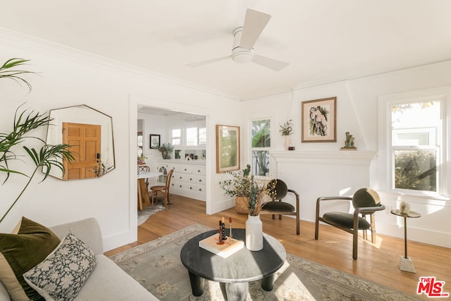 living area with ceiling fan, ornamental molding, and light hardwood / wood-style flooring