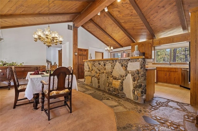 dining area featuring beam ceiling, sink, an inviting chandelier, high vaulted ceiling, and wooden ceiling