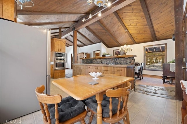 dining area featuring vaulted ceiling with beams, wood ceiling, and rail lighting