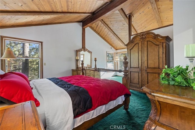 bedroom featuring wooden ceiling, carpet, and vaulted ceiling with beams