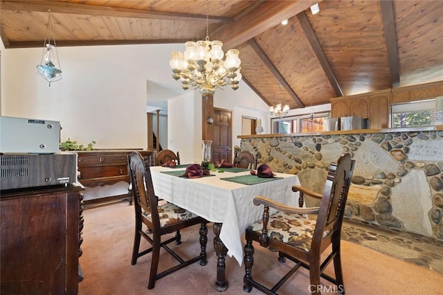 carpeted dining room featuring wood ceiling, high vaulted ceiling, beamed ceiling, and an inviting chandelier