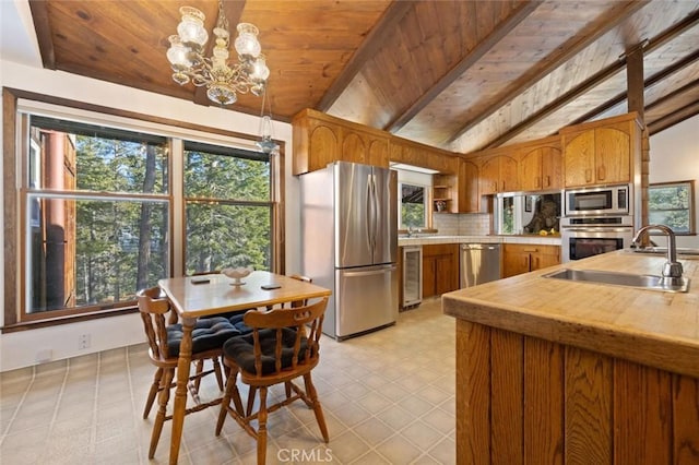 kitchen with beverage cooler, appliances with stainless steel finishes, sink, hanging light fixtures, and wooden ceiling