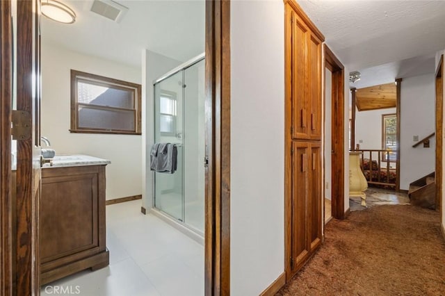 bathroom featuring vanity, a wealth of natural light, and a shower with door