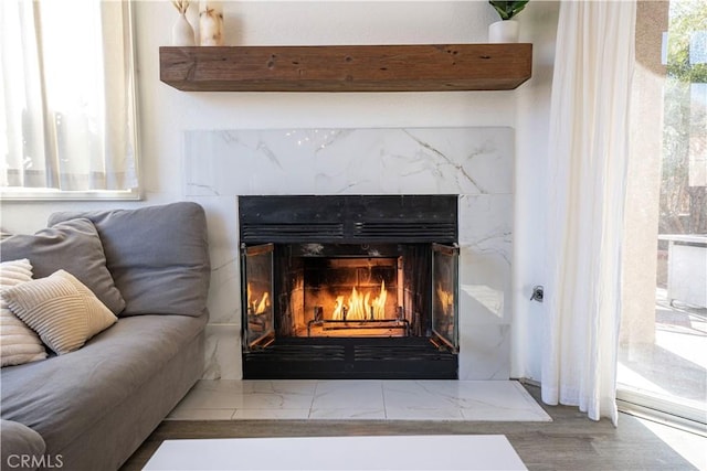 interior details featuring hardwood / wood-style floors and a fireplace