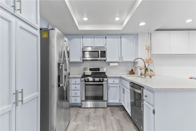 kitchen with light hardwood / wood-style floors, a raised ceiling, sink, appliances with stainless steel finishes, and white cabinets