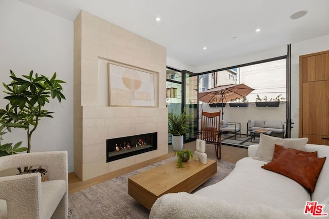 living room featuring a tiled fireplace and wood-type flooring