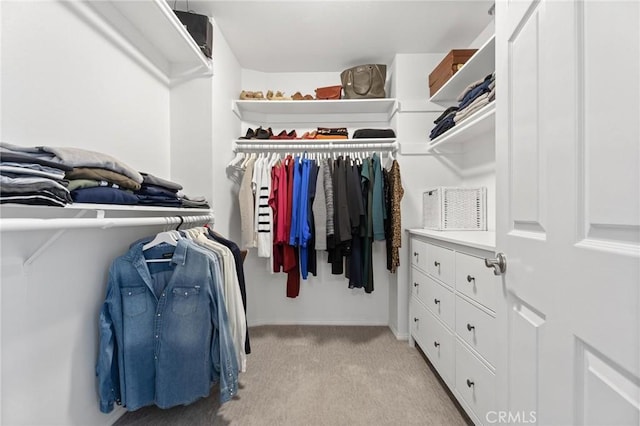 spacious closet featuring light colored carpet