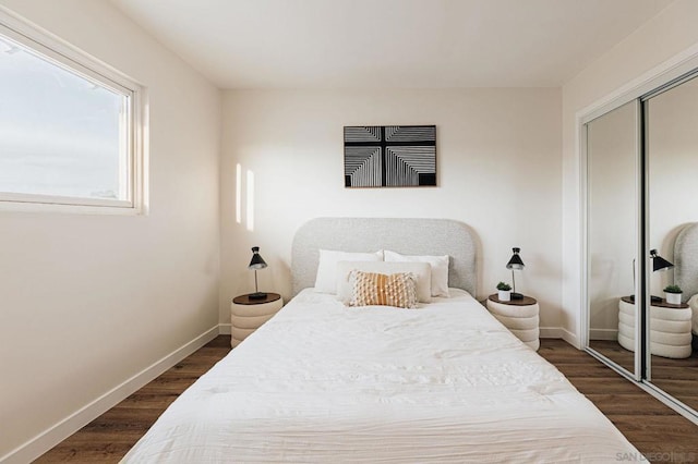 bedroom with a closet and dark hardwood / wood-style flooring