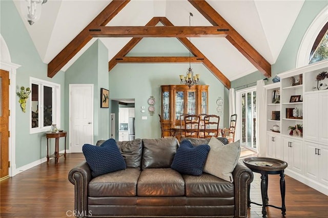 living room with dark wood-type flooring, an inviting chandelier, beam ceiling, and high vaulted ceiling