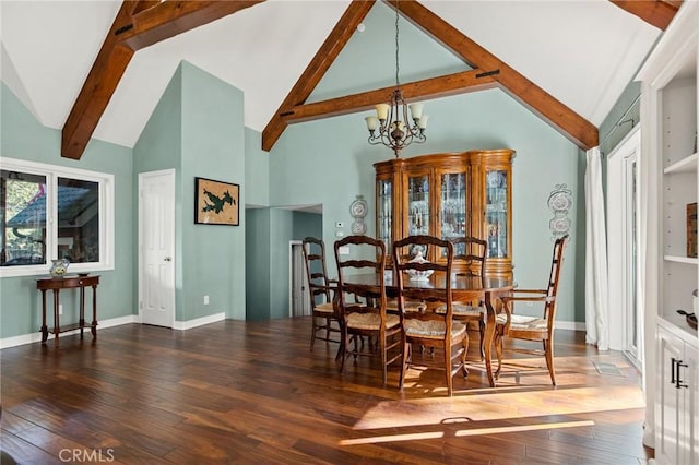 dining room featuring high vaulted ceiling, dark hardwood / wood-style floors, and a notable chandelier