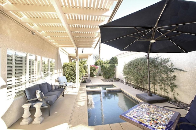 view of swimming pool featuring an in ground hot tub and a pergola