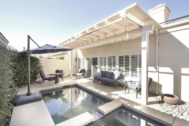 exterior space featuring an outdoor living space, a patio, and a pergola