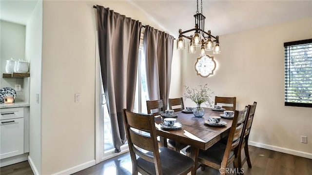 dining room featuring dark wood-type flooring and a chandelier