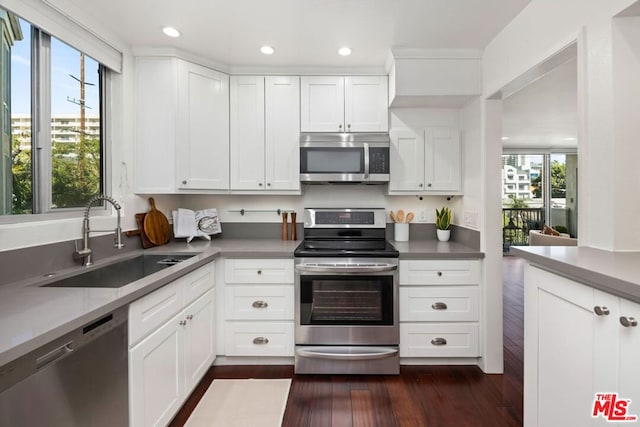 kitchen featuring dark hardwood / wood-style floors, stainless steel appliances, white cabinetry, and sink